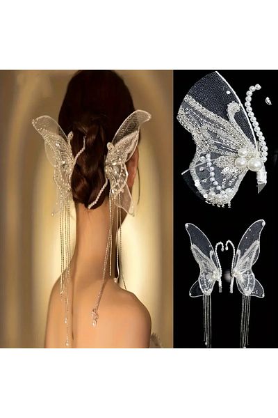 Eva Flore Stylish Bridal Hair Clip - Embroidered Butterfly Sashes and Rhinestone Pearl Tassels, 2 Pcs Bridal Hair Accessory