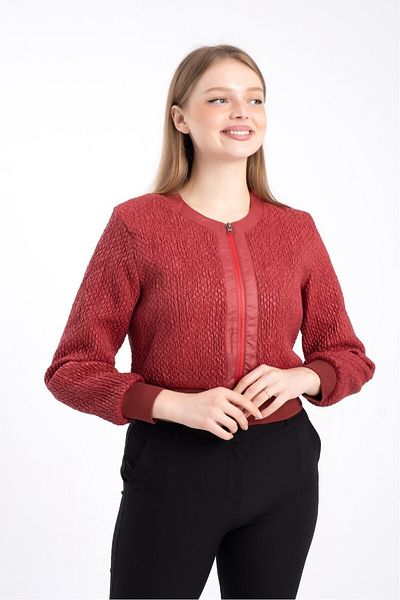 MODATALİKA Modatalika Ribbed Lined Faux Leather Zippered Short Coat