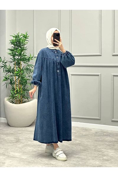 OlaLady Rochie de blugi hidžáb din denim cu mâneci cu balon adunate Robadan pentru femei