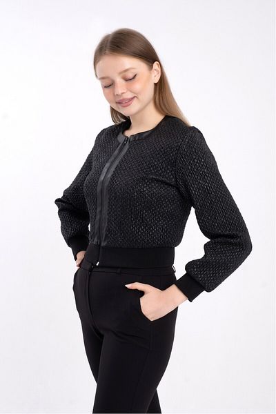 MODATALİKA Modatalika Ribbed Lined Faux Leather Zippered Short Coat