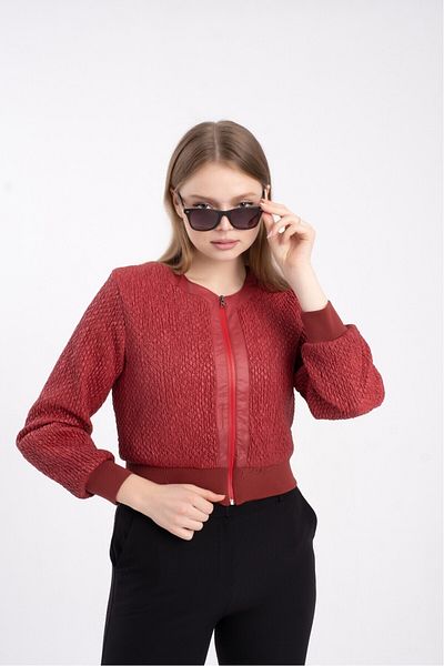MODATALİKA Modatalika Ribbed Lined Faux Leather Zippered Short Coat