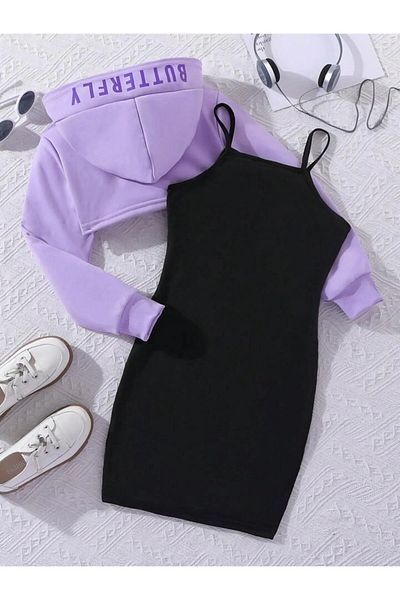 npLStore Haine imprimate cu fluturi și hanorac crop pentru copii, combinație de 2 piese
