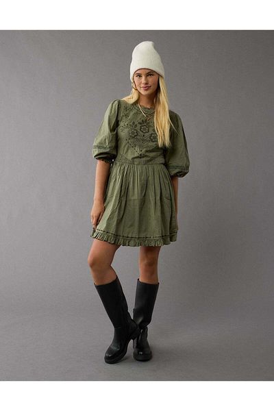 AMERICAN EAGLE AE Embroidered Puff Sleeve Mini Dress