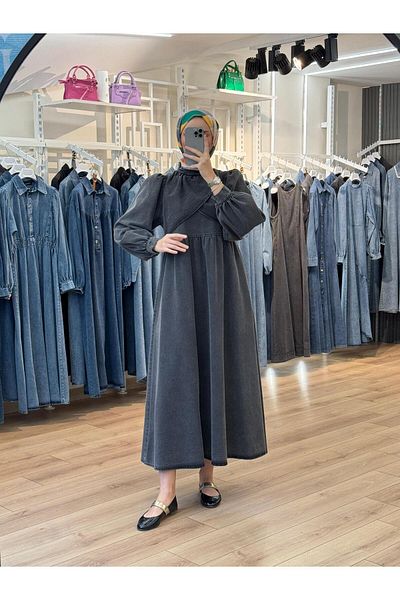 OlaLady Women's Chest Double Layer Pleated Hijab Denim Jeans Dress