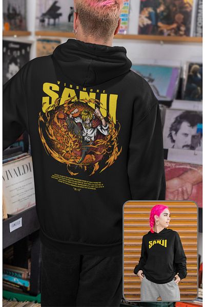 Fuddy Moda Hanorac One Piece Sanji cu imprimeu pe spate, Hanorac unisex oversize cu imprimeu Anime