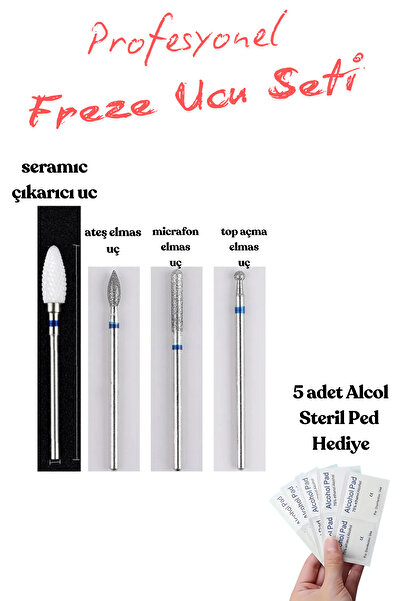 objekozmetik Protez Tırnak Kalıcı Oje Kuru Manikür Ve Seramik Çıkarıcı Freze Ucu Seti 5 Adet Steril Ped Hediye