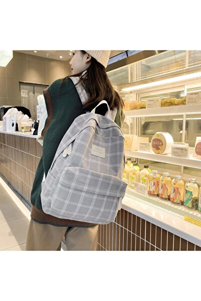 womistore Γκρι καρό σχολικό σακίδιο κορεατικού στυλ Womi
