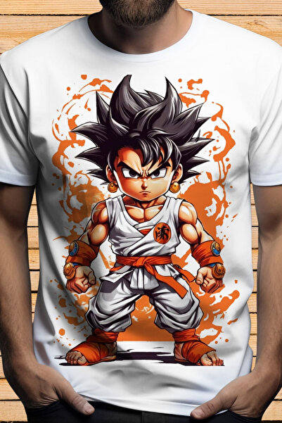 FECCY Tricou alb din bumbac cu imprimeu cu personaje anime în stil Dragon Ball