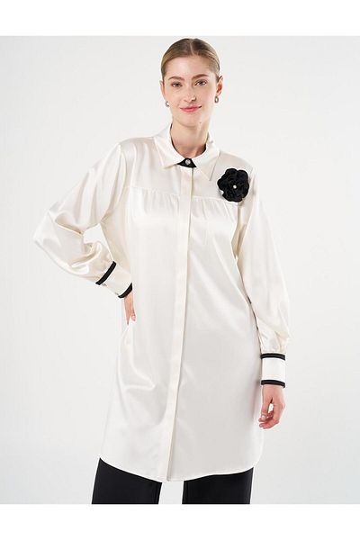 Kayra Ecru Satin Tunic - Floral Detail