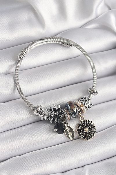 NZM TİCARET Silver Color Black Color Flower Figure Pearl Detail Charm Bracelet
