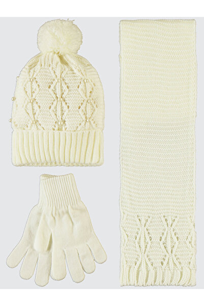 Civil Girls 10-13 Years Old Girl's Scarf Beanie Gloves Set - Ecru