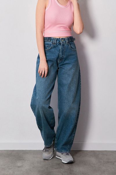Fulla Moda Blugi largi cu talie înaltă cu cataramă în talie