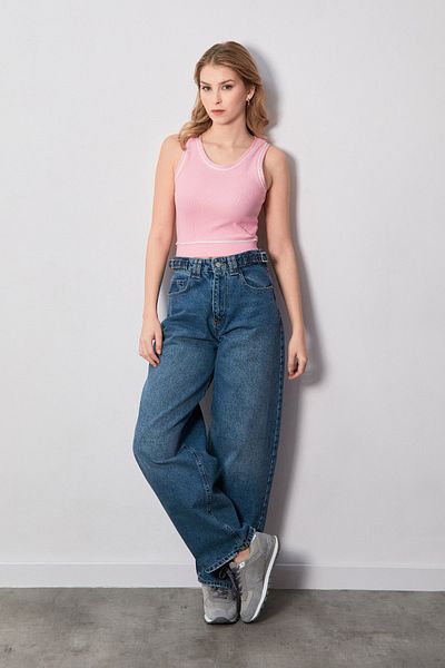 Fulla Moda Blugi largi cu talie înaltă cu cataramă în talie