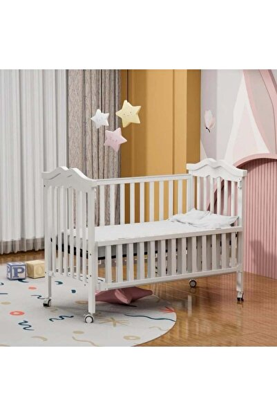 IQTENA سرير خشبي هزاز للأطفال مع عجلات وشبكة ناموسية