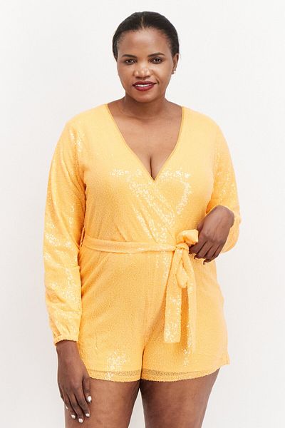 IN THE STYLE Women Sequins Details Long Sleeves Belted Playsuit, Orange