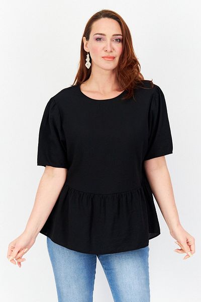 TAIFUN Women Round Neck Shorts Sleeve Plain Blouse, Black