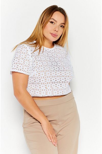 Michael Kors Women Round Neck Cap Sleeves Textured Eyelet Top, White