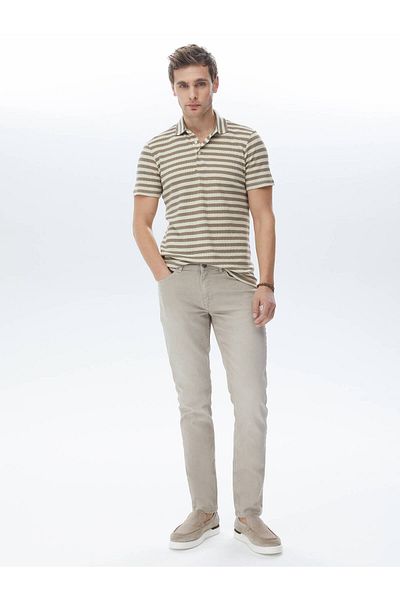 Kip Khaki Slim Fit Denim Cotton Blended Trousers
