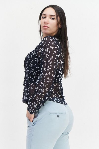 French Connection Women Ruffle Collar Long Sleeve All Over Print Blouse, Dark Navy Blue