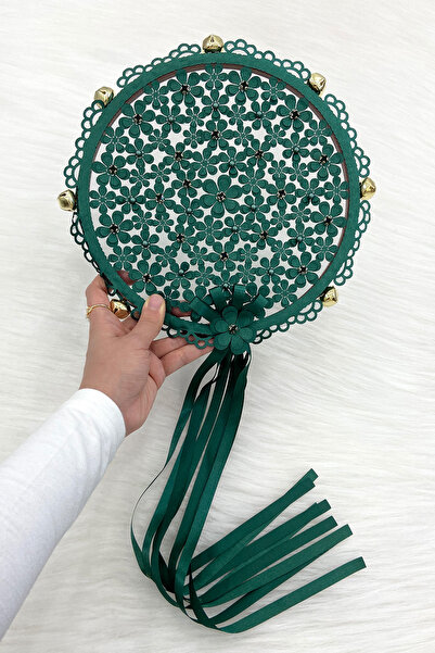 ZEYMERADE دف الزفاف ذو الحجر الأخضر الزهري اللامع، حناء الزفاف وعد الختان العازبة مع الجرس 25 سم، قطعة واحدة