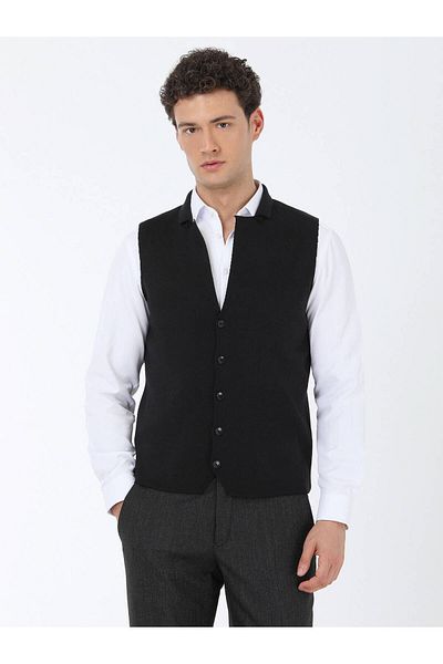 Kip Black Knitwear Vest - Plain Knit Design