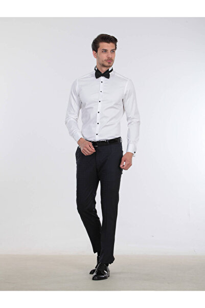 Kip White Slim Fit Tuxedo - Απλό κόψιμο, Διπλή μανσέτα, Πουκάμισο με λαιμόκοψη