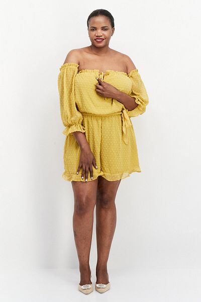 BOOHOO Women Textured Long Sleeve Playsuit, Yellow