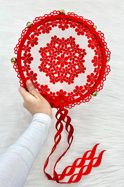 ZEYMERADE Red Floral Shiny Stone Bridal Tambourine, Wedding Henna Promise Cir...