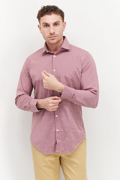 Perry Ellis Men Spread Collar Long Sleeve Plaid Dress Shirt, Red Combo