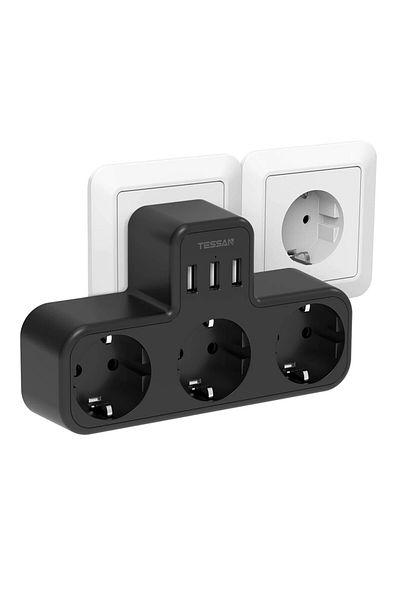 Choice Ts-323-bk European Plug Tessan Eu Plug Power Strip With 3 Ac Outlets 3 Usb Ports, 6 In 1 Wall Charg