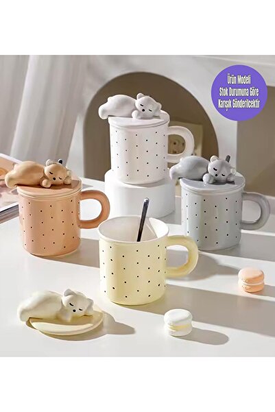 Gift Moda Ayıcık Figürlü Nokta Desenli Kapaklı Seramik Kupa