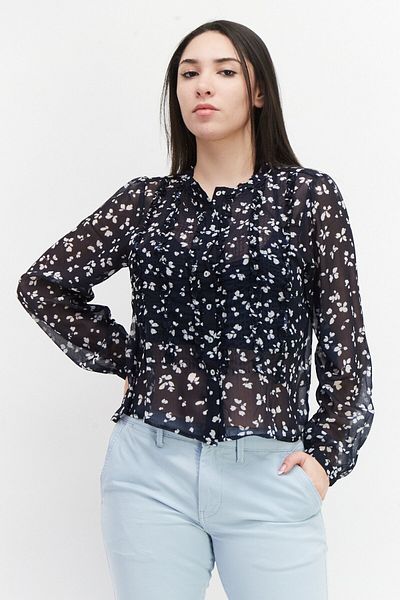French Connection Women Ruffle Collar Long Sleeve All Over Print Blouse, Dark Navy Blue