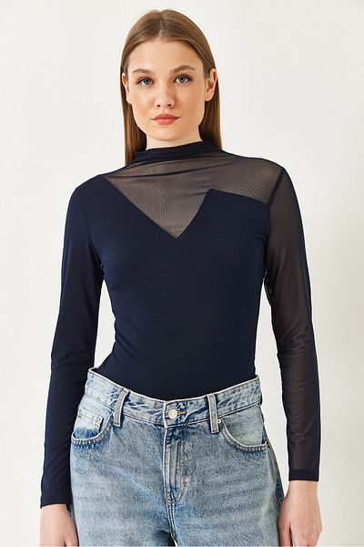 Bianco Lucci Damen-Bluse aus Tüll mit detailliertem Sandy-Stoff und V-Ausschnitt 7214 60261334