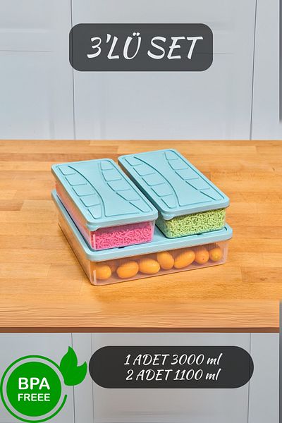 SUPERPUP Water Green Set of 3 Storage Containers - Soft Lid, 1.1 Lt and 3 Lt Capacity Freezer