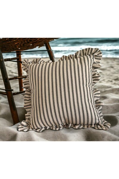 Sister Home Design Bohemian Frilly Linen Throw Pillow - Dark Blue Striped Cover