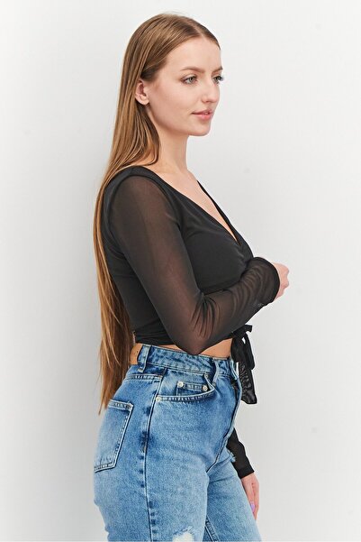 NA-KD Women V-neck Long Sleeve Mesh Top, Black