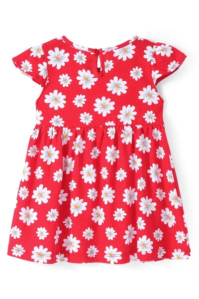 Babyhug Babyhug Cotton Knit Half Cap Sleeves Floral Printed Anti Bacterial Frock with Bloomer - Red