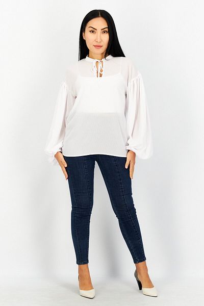 NA-KD Women Tie Neck Long Sleeve Solid Blouse, White