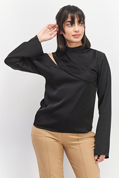 Pretty Lavish Women High Neck Long Sleeves Solid Blouse, Black