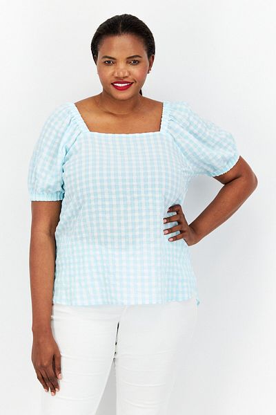 Anne Klein Women Plus Size Square Neck Short Sleeve Checkered Top, Turquoise
