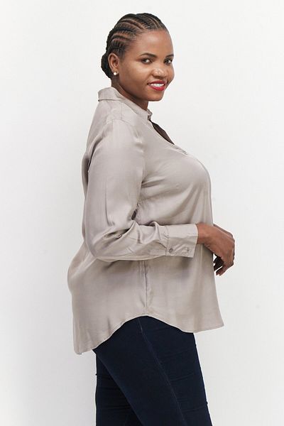 Tchibo Women Spread Collar Long Sleeve Plain Blouse, Taupe