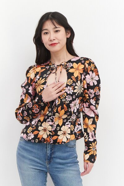 Asos Design Women Tie Neckline Long Sleeves Floral Print Top, Black