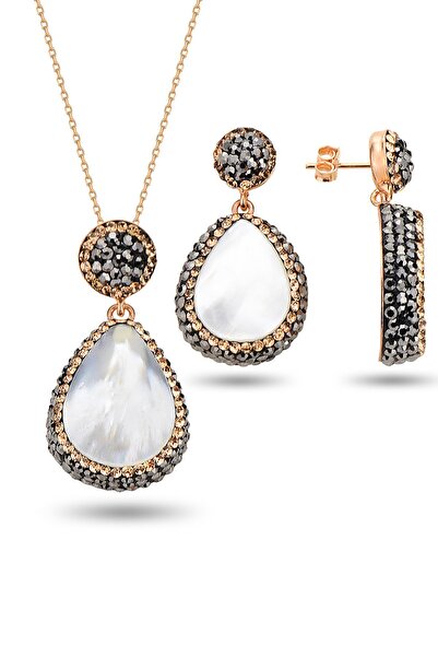 Söğütlü Silver Gümüş rose inci ve zirkon taş ile bezenmiş damla modeli kolye ...