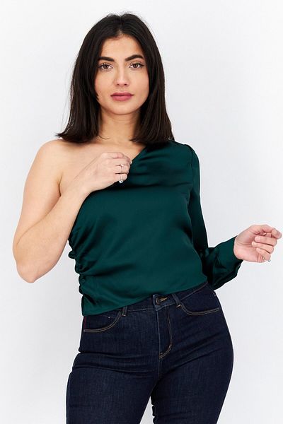 NA-KD Women Asymmetric Neckline One Shoulder Shirred Top, Emerald Green