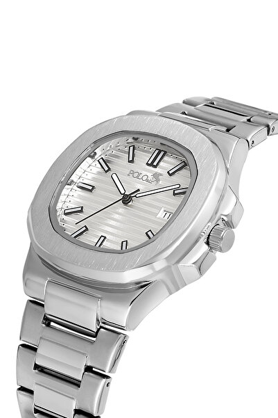 Polo Air ساعة يد رجالية بمشبك مزدوج وتقويم مربع اللون فضي PL-0960E5x