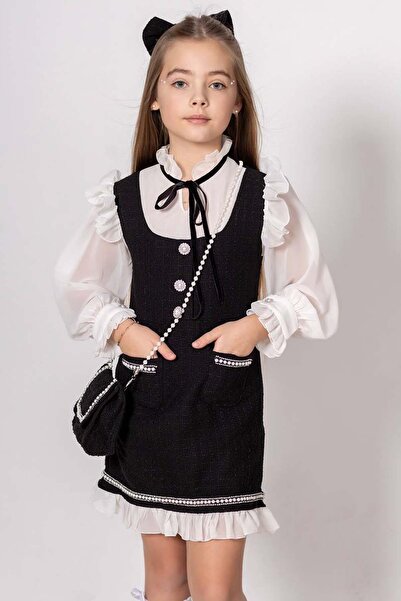 Riccotarz Kız Çocuk Kolları ve Yakası Şifon Etek Ucu Fırfırlı İnci İşlemeli Çift Cepli Siyah Triko Elbise