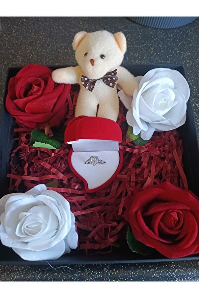 JUPİTER HOME Siyah Hediye Kutuda Açılıp Kapanan Güllü Yüzük Kutusu Ve Çelik Beyaz Pandora,s Yüzük Kombin Set