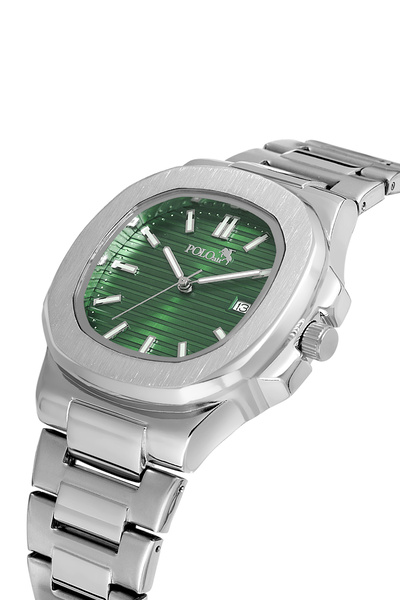 Polo Air Çift Klips Takvimli Kare Kasa Erkek Kol Saati Gümüş Yeşil Renk PL-09...