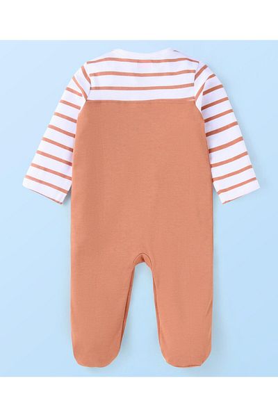 Babyhug بدلة نوم من القطن من Babyhug بخطوط وطبعة دب تيدي مع تطريز على الأذن - بني فاتح