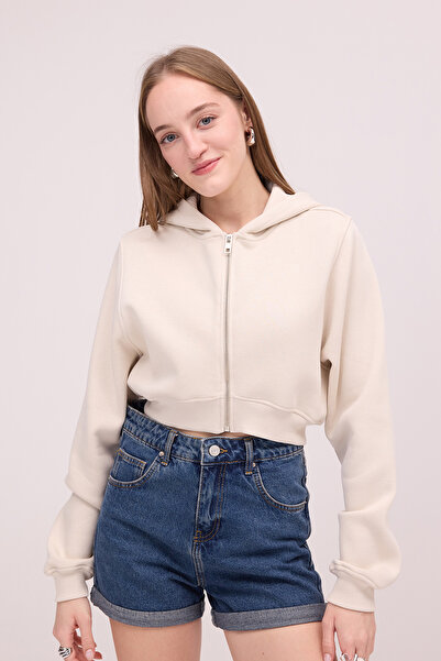 Addax Şardonlu Kapüşonlu Crop Sweatshirt H1526-İ9